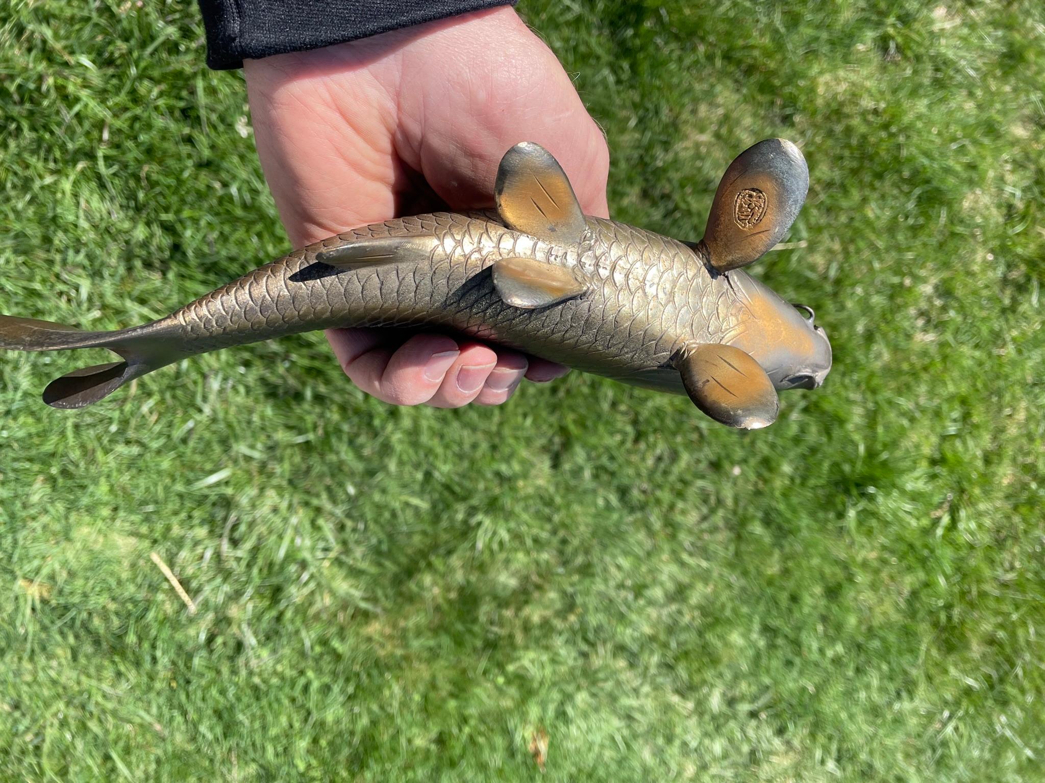 Japanese Pair Finely Cast Bronze Koi, Signed 11