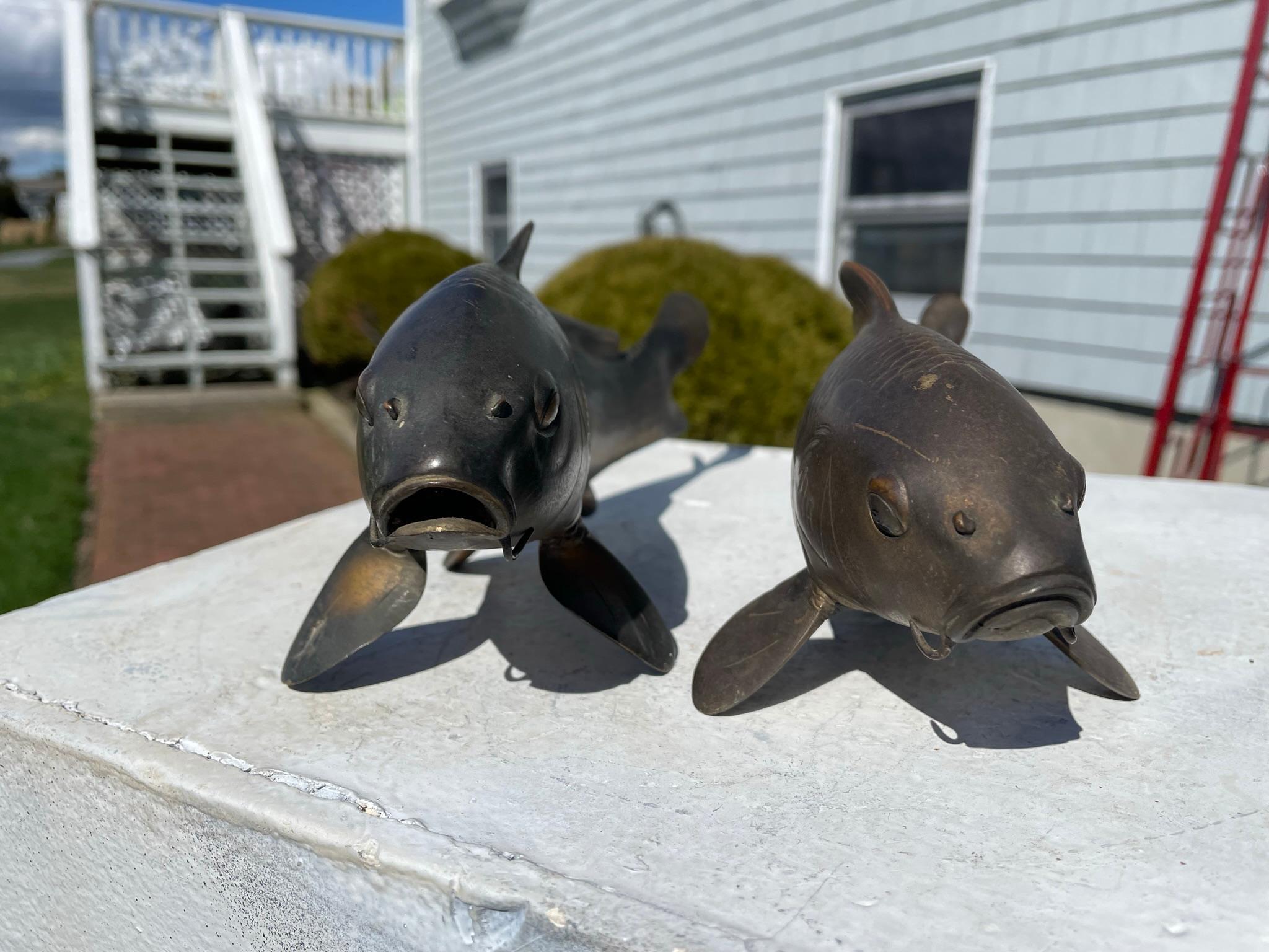 Japanese Pair Finely Cast Bronze Koi, Signed In Good Condition In South Burlington, VT