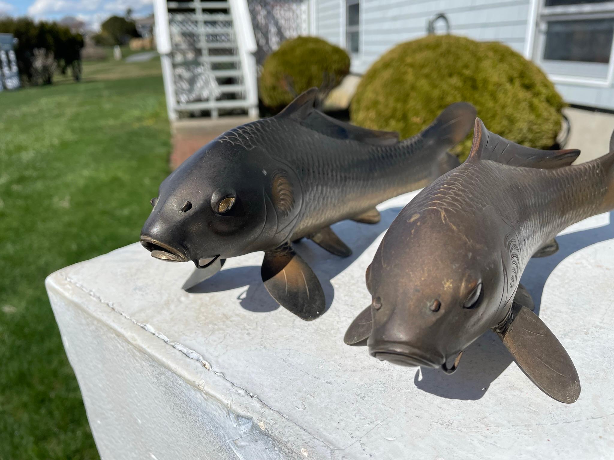 Japanese Pair Finely Cast Bronze Koi, Signed 1
