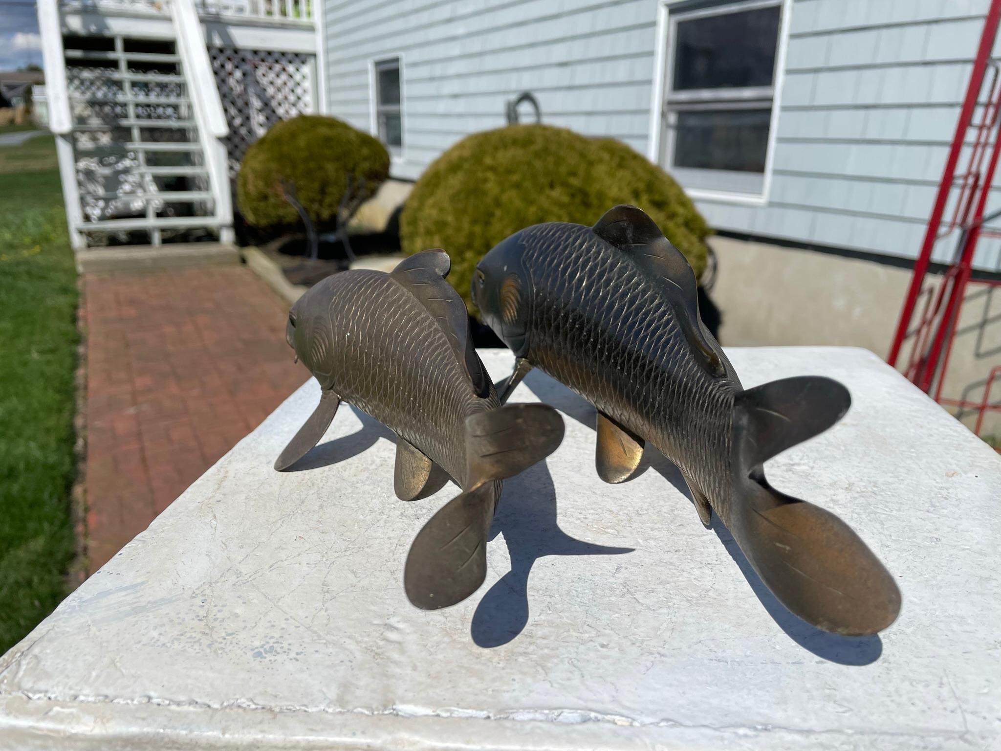 Japanese Pair Finely Cast Bronze Koi, Signed 2