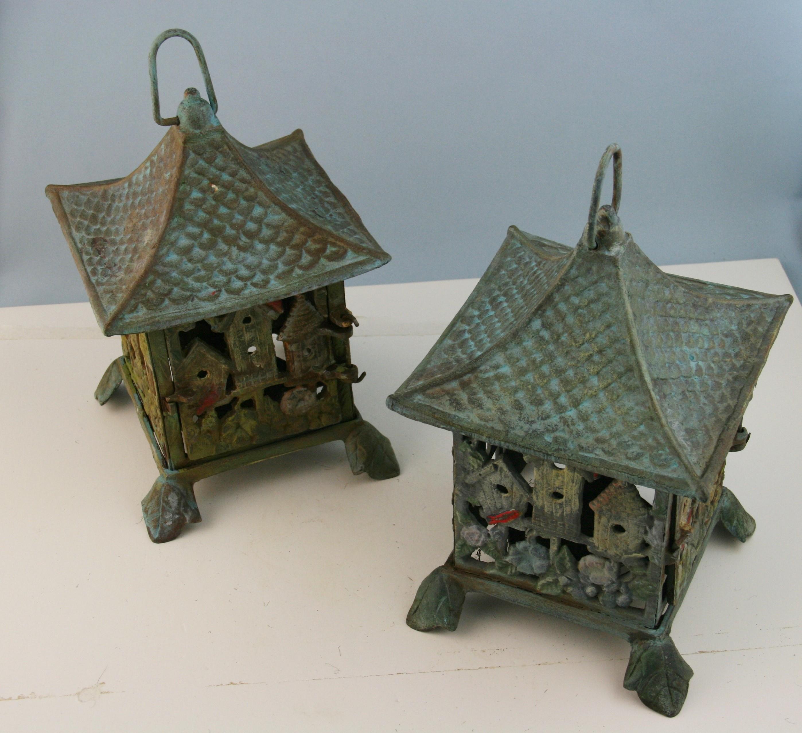 \3-845 Japanese pair hand cast and painted iron garden lanterns.