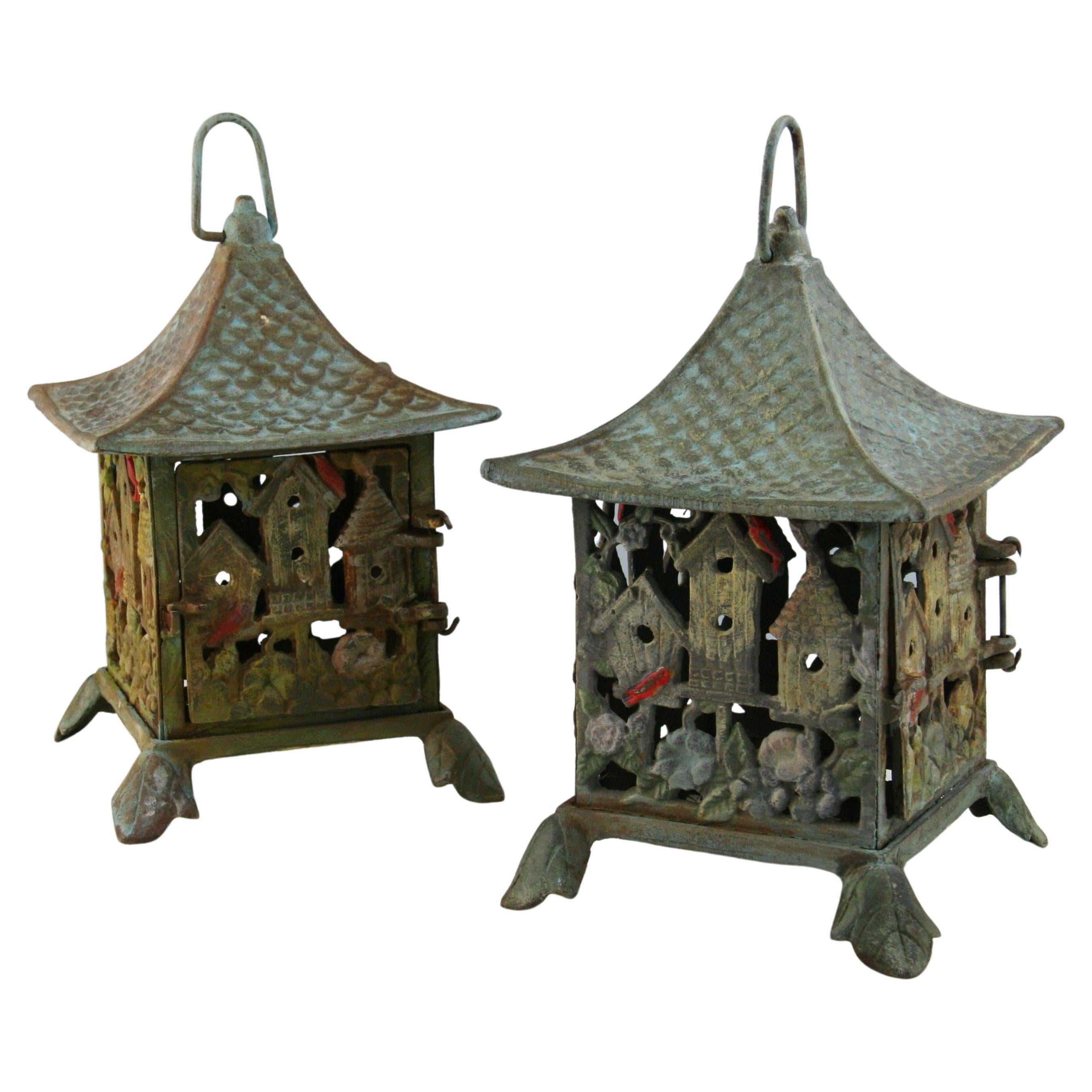 Japanese Pair Flowers Birdhouse and Birds Garden Hand Painted  Lanterns
