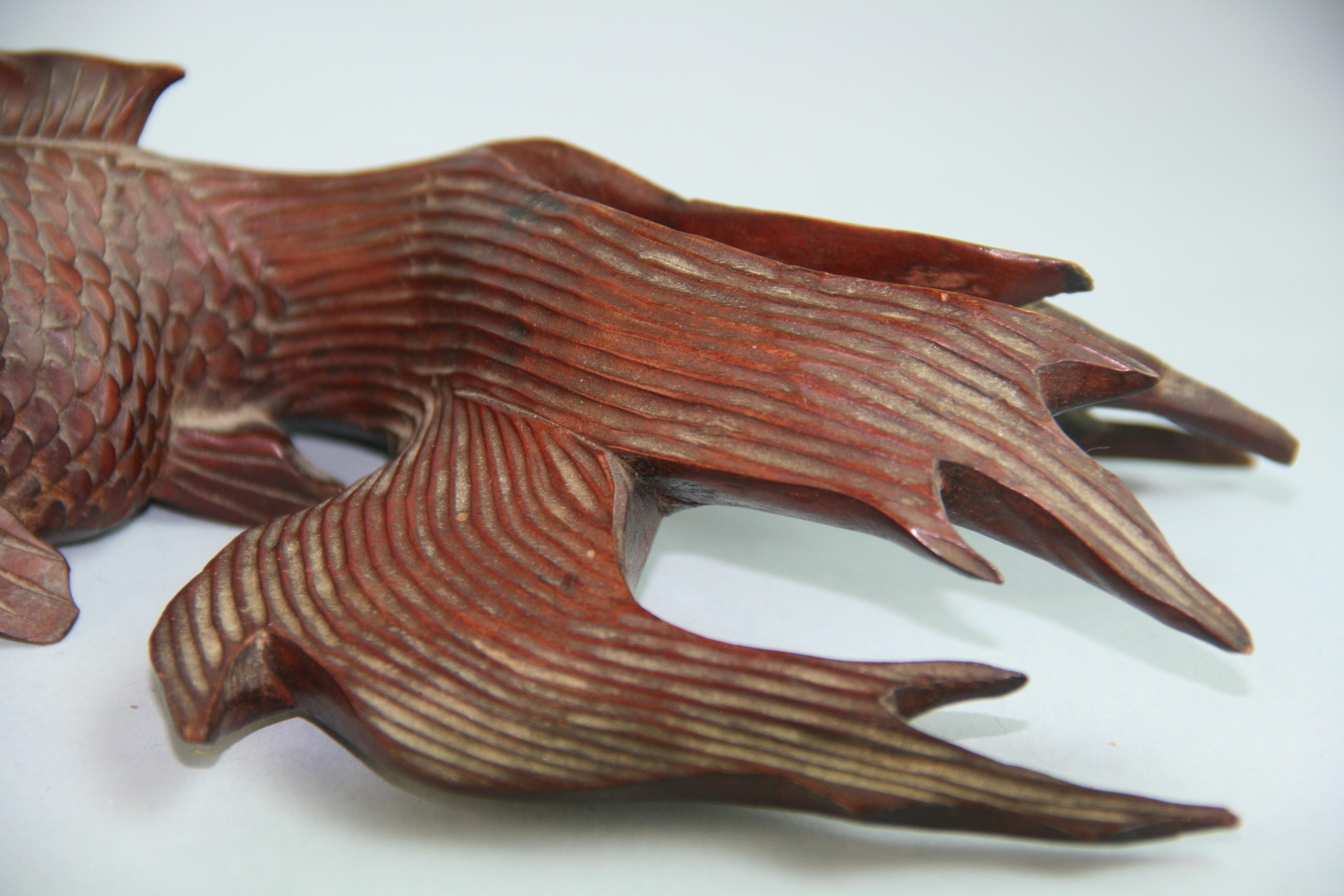 Japanese Pair Hand Carved Wood Koi Fish Signed In Good Condition For Sale In Douglas Manor, NY