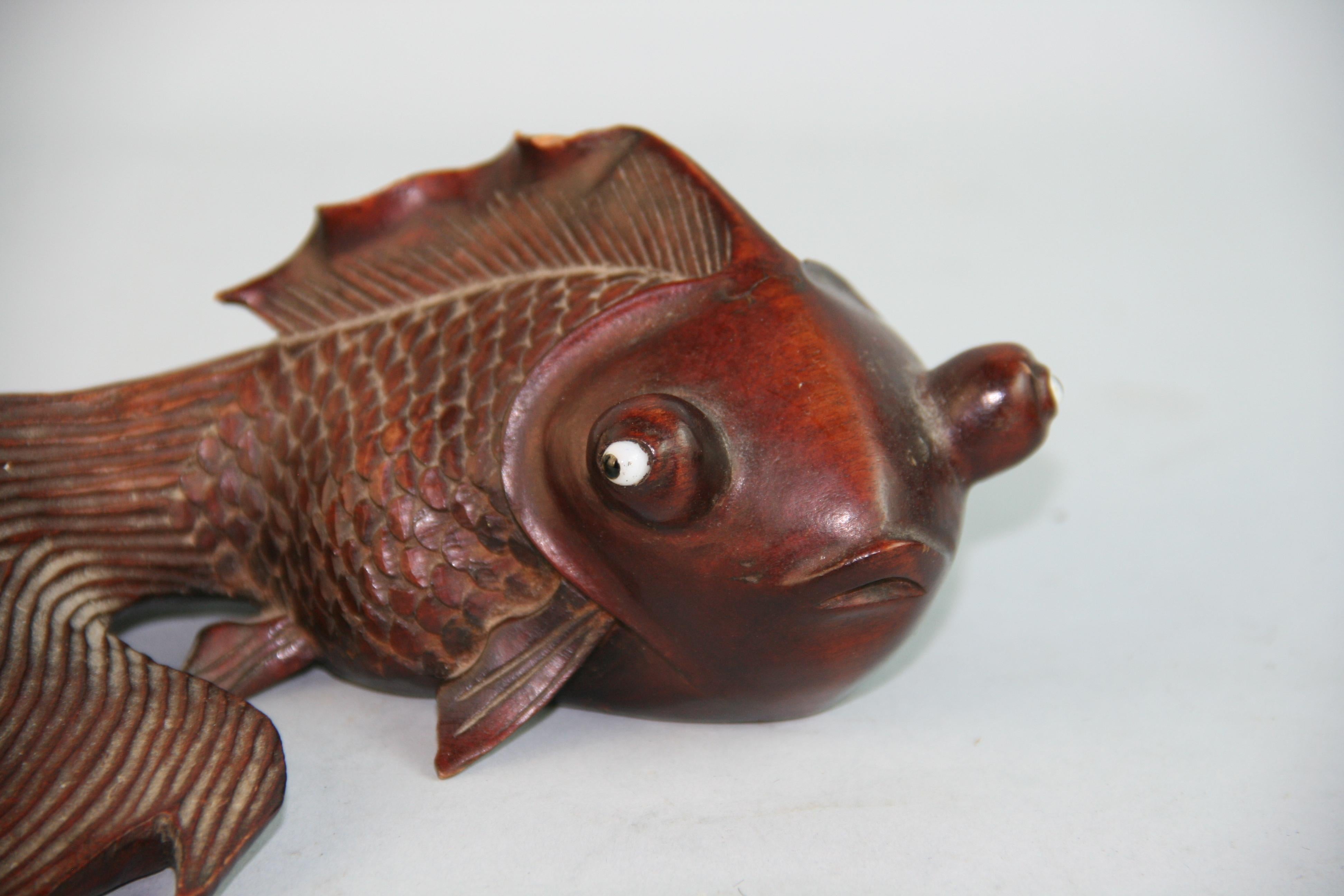 Hardwood Japanese Pair Hand Carved Wood Koi Fish Signed For Sale