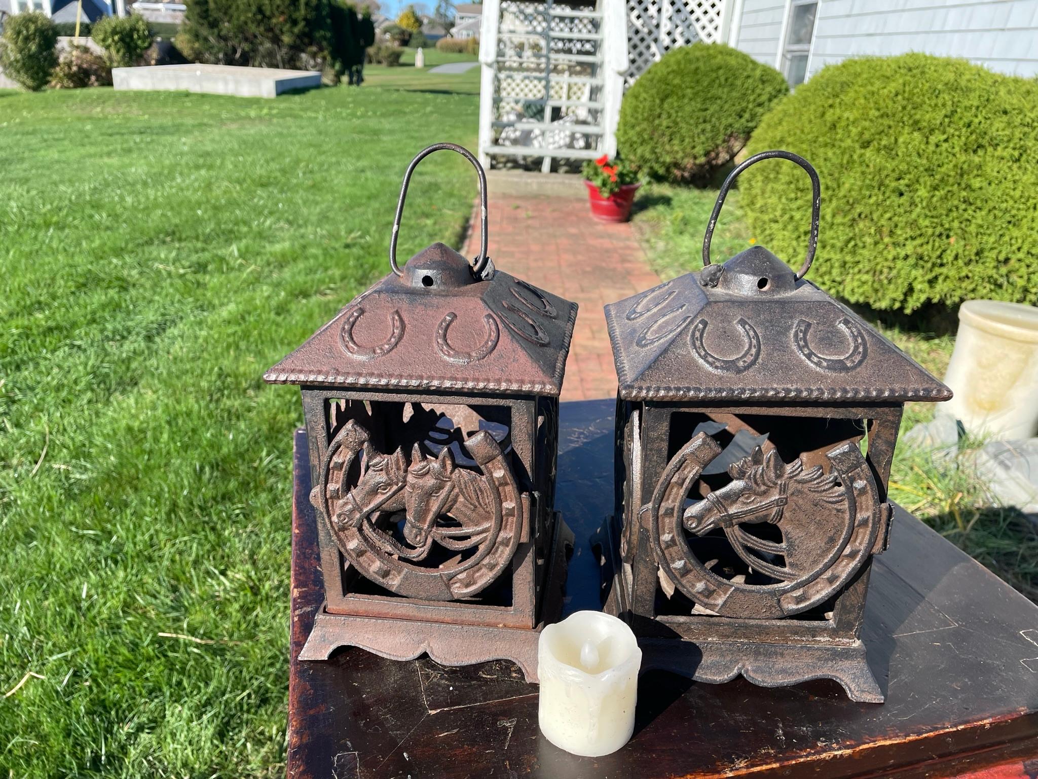 Iron Japanese Pair Lucky Horse Shoe Lighting Lanterns For Sale