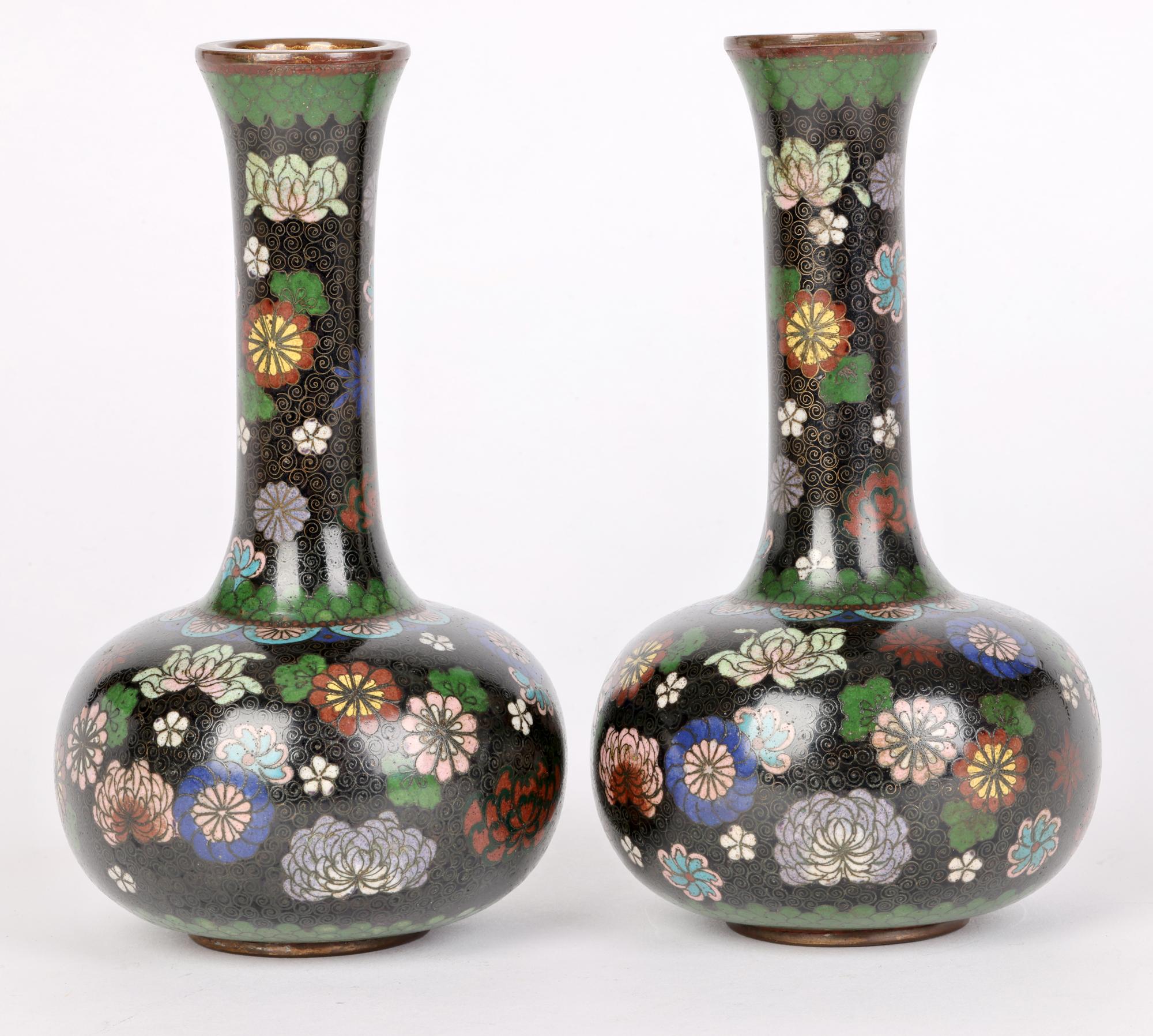Japanese Pair Meiji Cloisonne Bottle Vases with Scattered Floral Designs For Sale 6