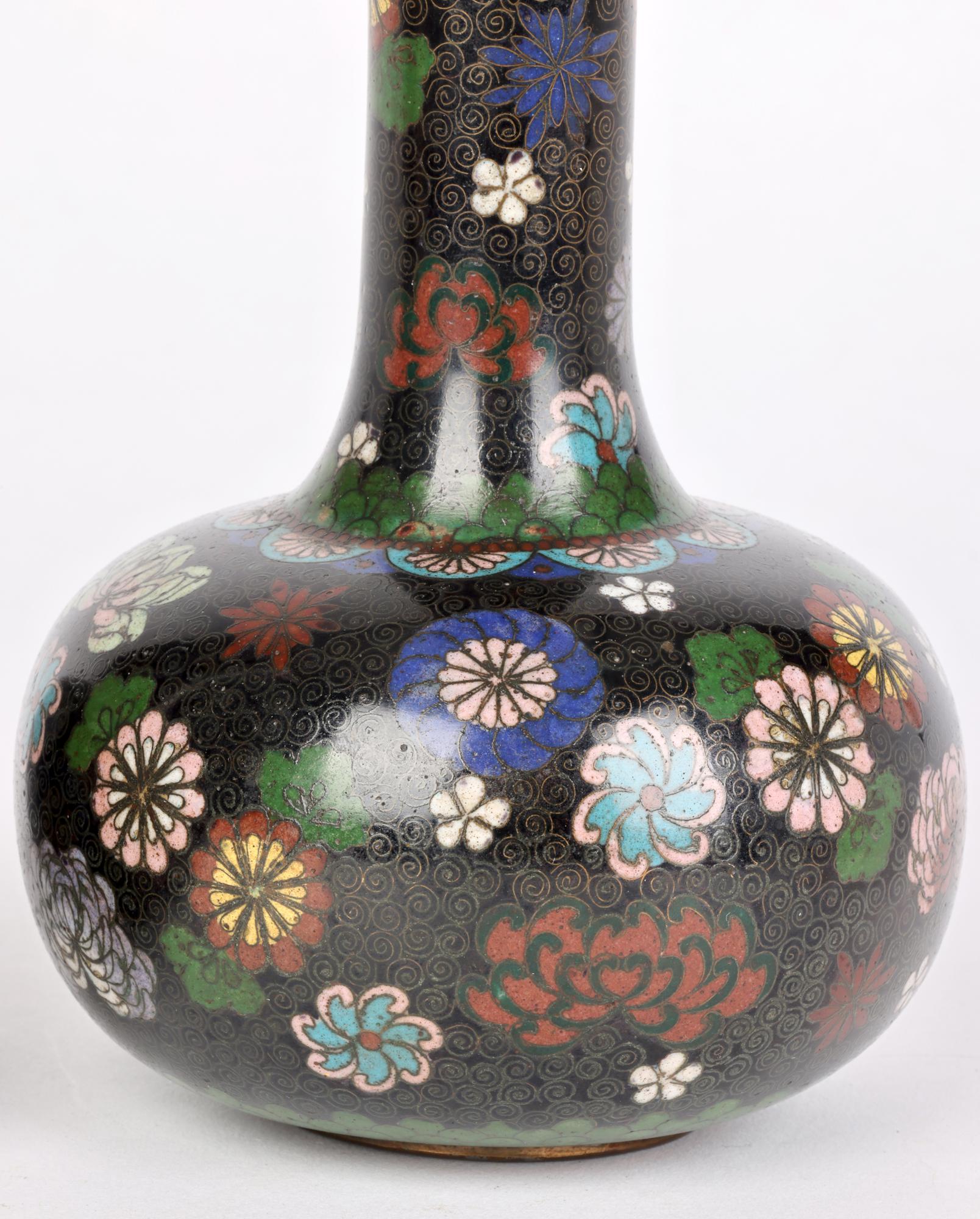 Japanese Pair Meiji Cloisonne Bottle Vases with Scattered Floral Designs For Sale 8