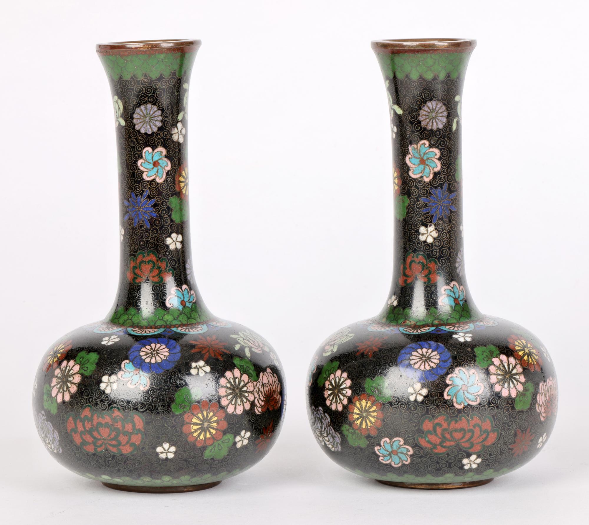 Japanese Pair Meiji Cloisonne Bottle Vases with Scattered Floral Designs For Sale 10