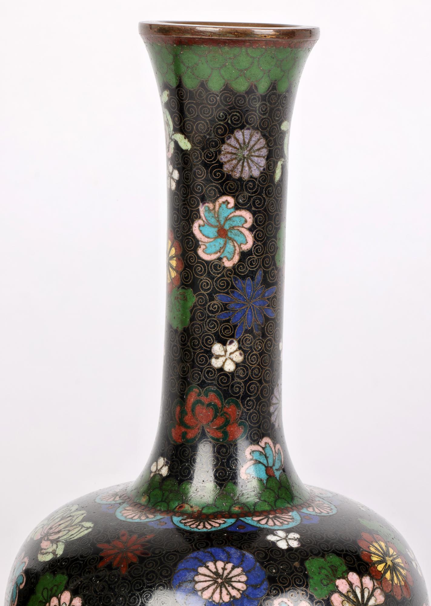 Japanese Pair Meiji Cloisonne Bottle Vases with Scattered Floral Designs For Sale 11