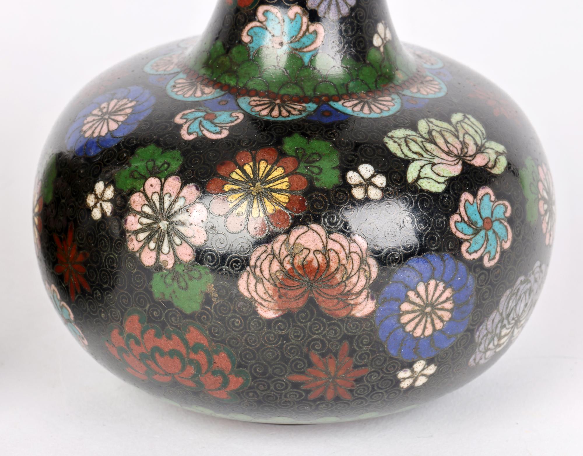 Cloissoné Japanese Pair Meiji Cloisonne Bottle Vases with Scattered Floral Designs For Sale
