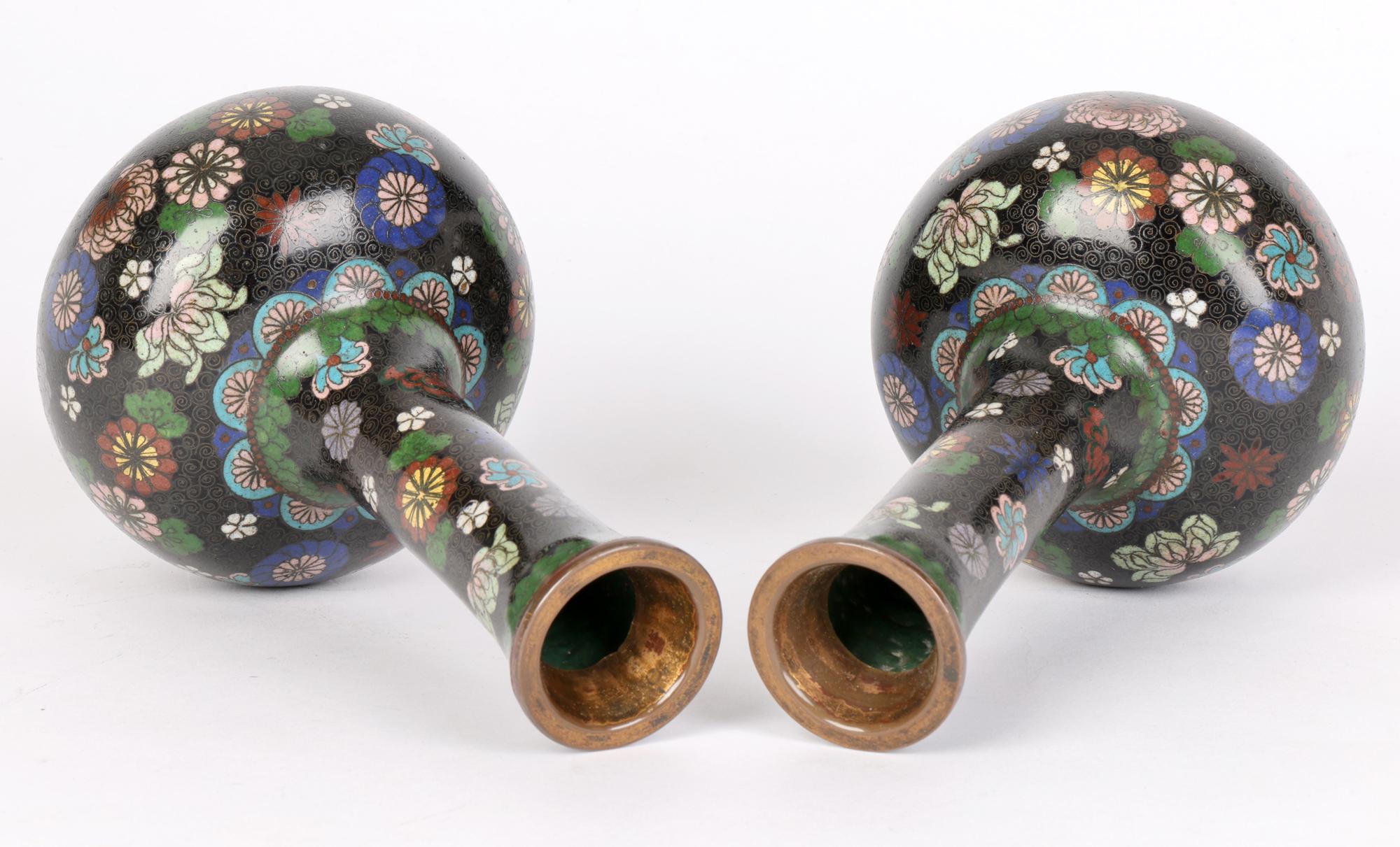 19th Century Japanese Pair Meiji Cloisonne Bottle Vases with Scattered Floral Designs For Sale