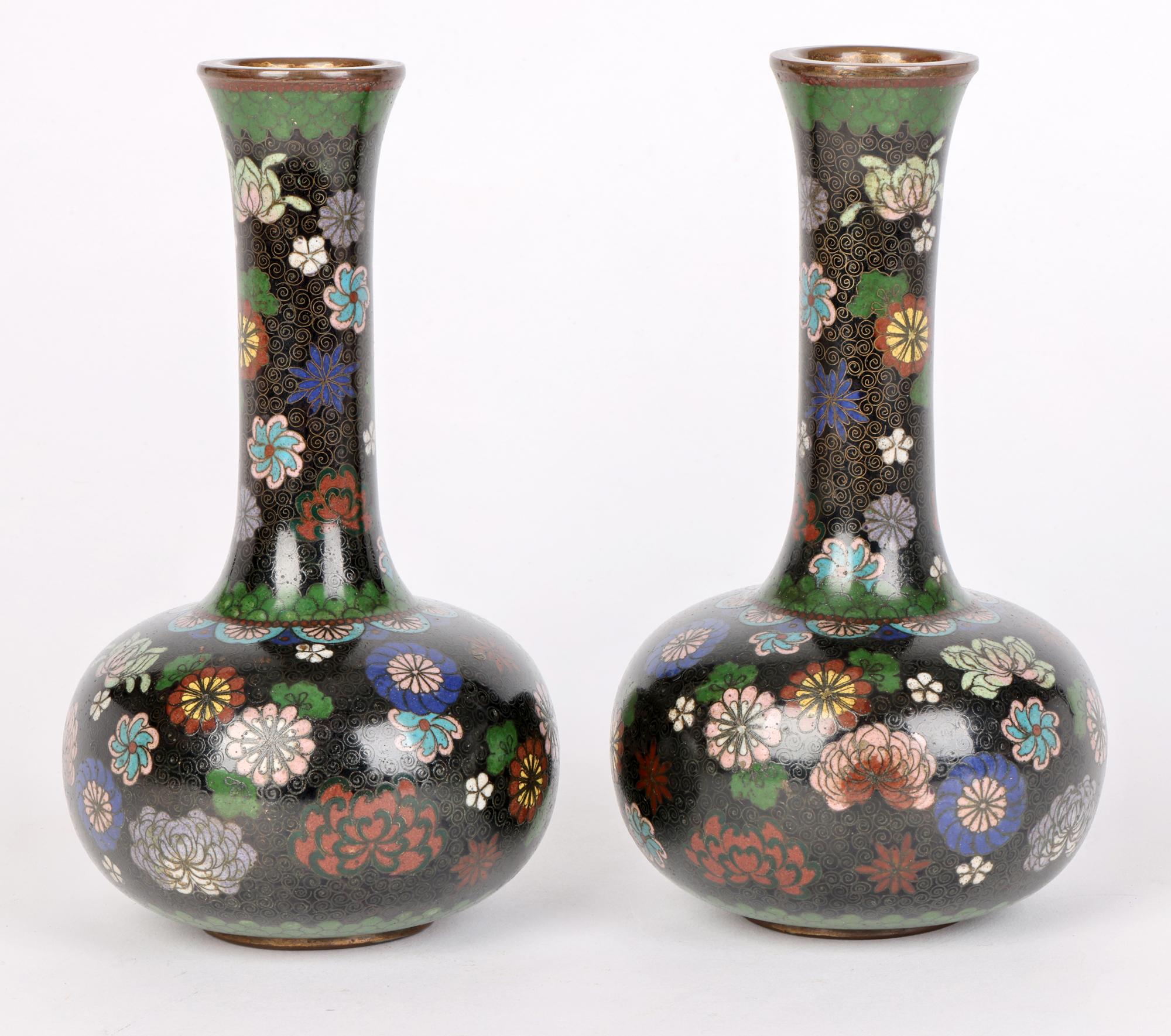 Japanese Pair Meiji Cloisonne Bottle Vases with Scattered Floral Designs For Sale 1