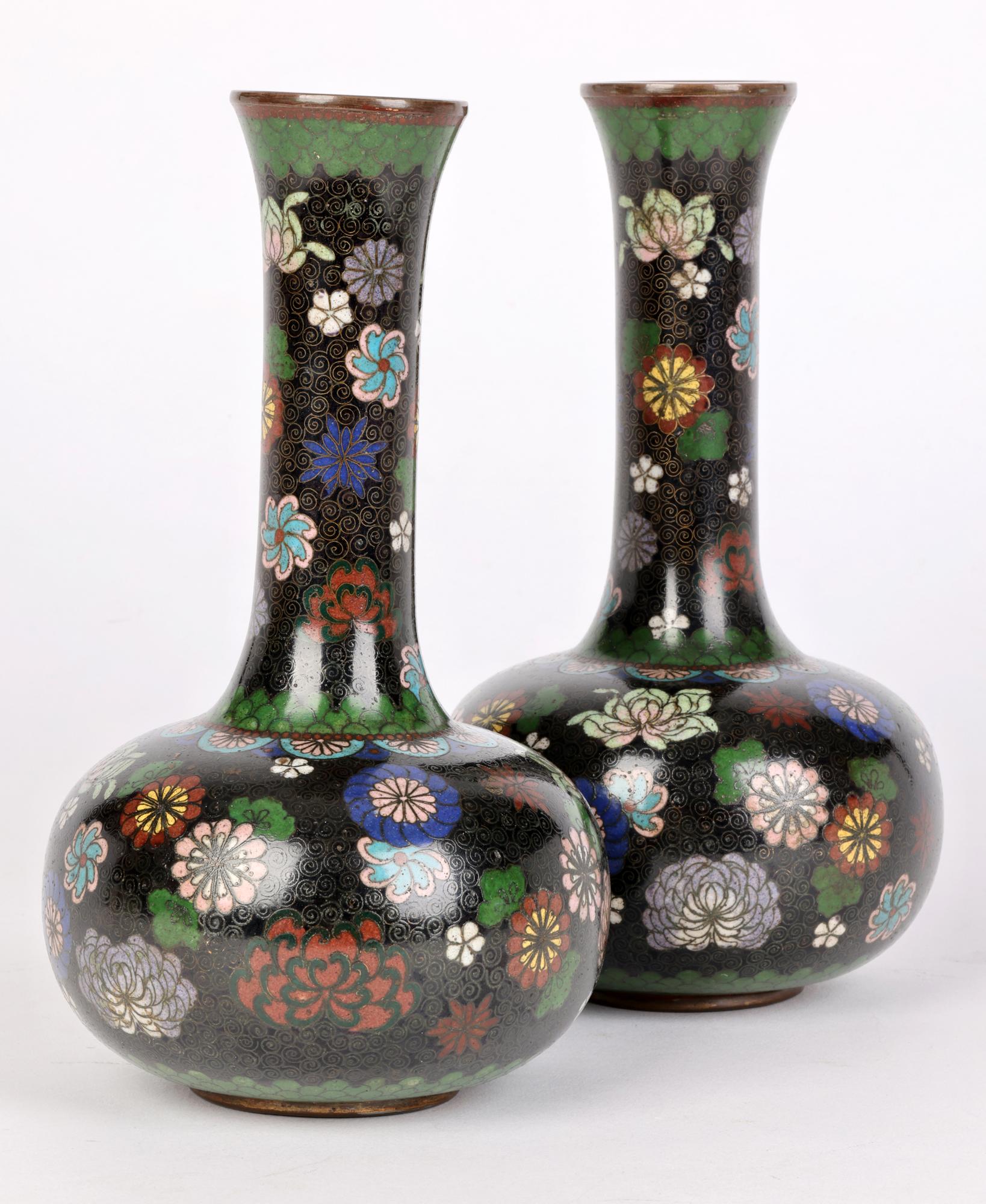 Japanese Pair Meiji Cloisonne Bottle Vases with Scattered Floral Designs For Sale 3