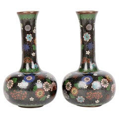 Japanese Pair Meiji Cloisonne Bottle Vases with Scattered Floral Designs