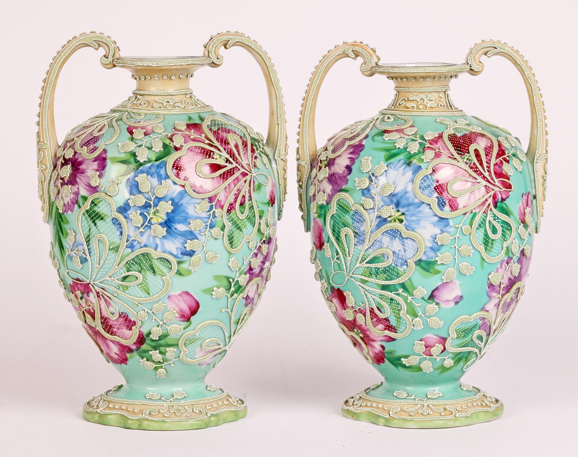 Japanese Pair Meiji Twin Handled Moriage Floral Painted Vases For Sale 3