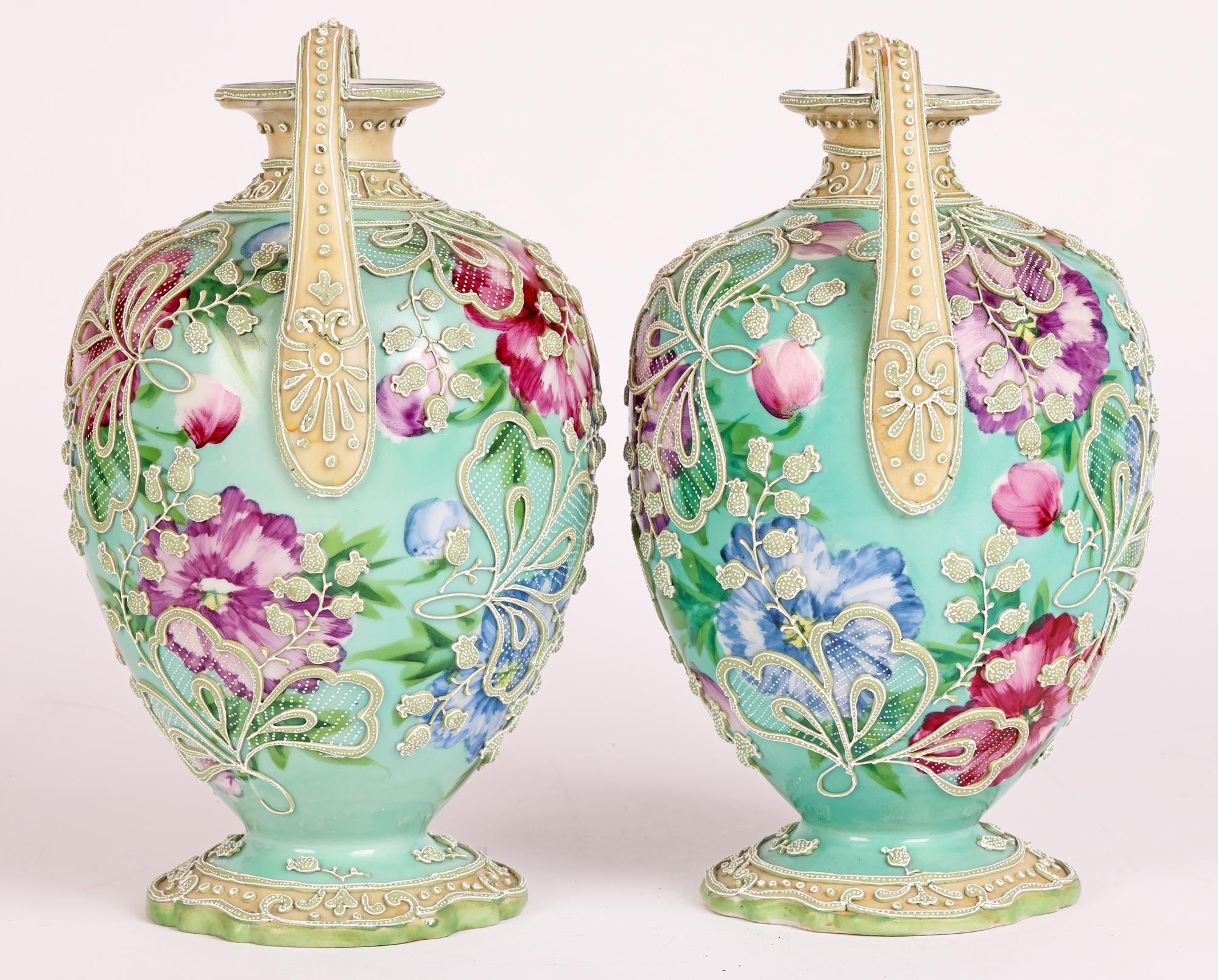 Japanese Pair Meiji Twin Handled Moriage Floral Painted Vases For Sale 7