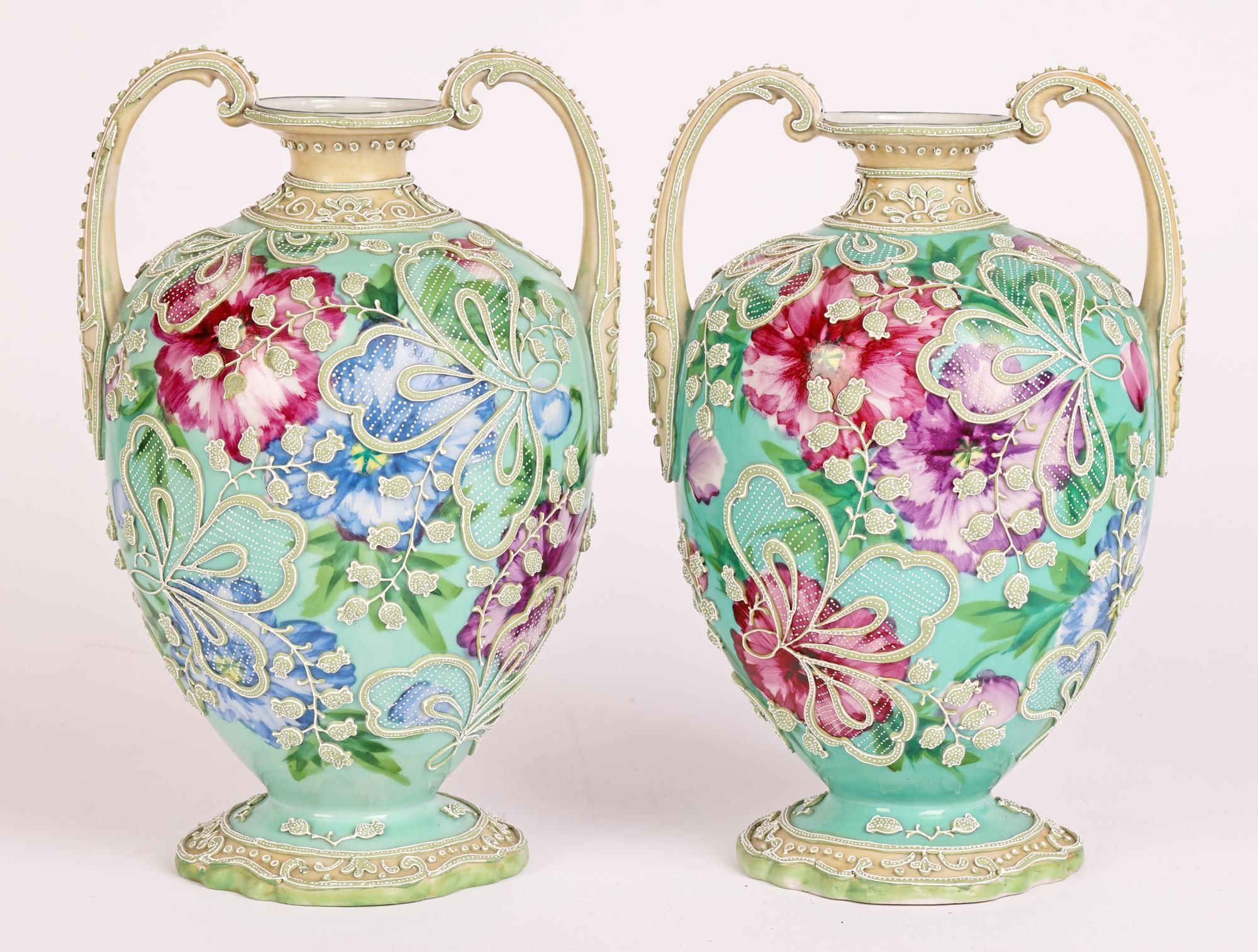 Japanese Pair Meiji Twin Handled Moriage Floral Painted Vases For Sale 9