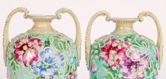 Japanese Pair Meiji Twin Handled Moriage Floral Painted Vases
