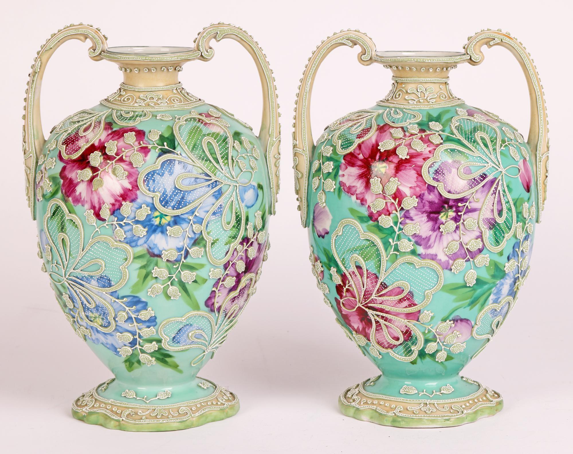 Japanese Pair Meiji Twin Handled Moriage Floral Painted Vases In Good Condition For Sale In Bishop's Stortford, Hertfordshire