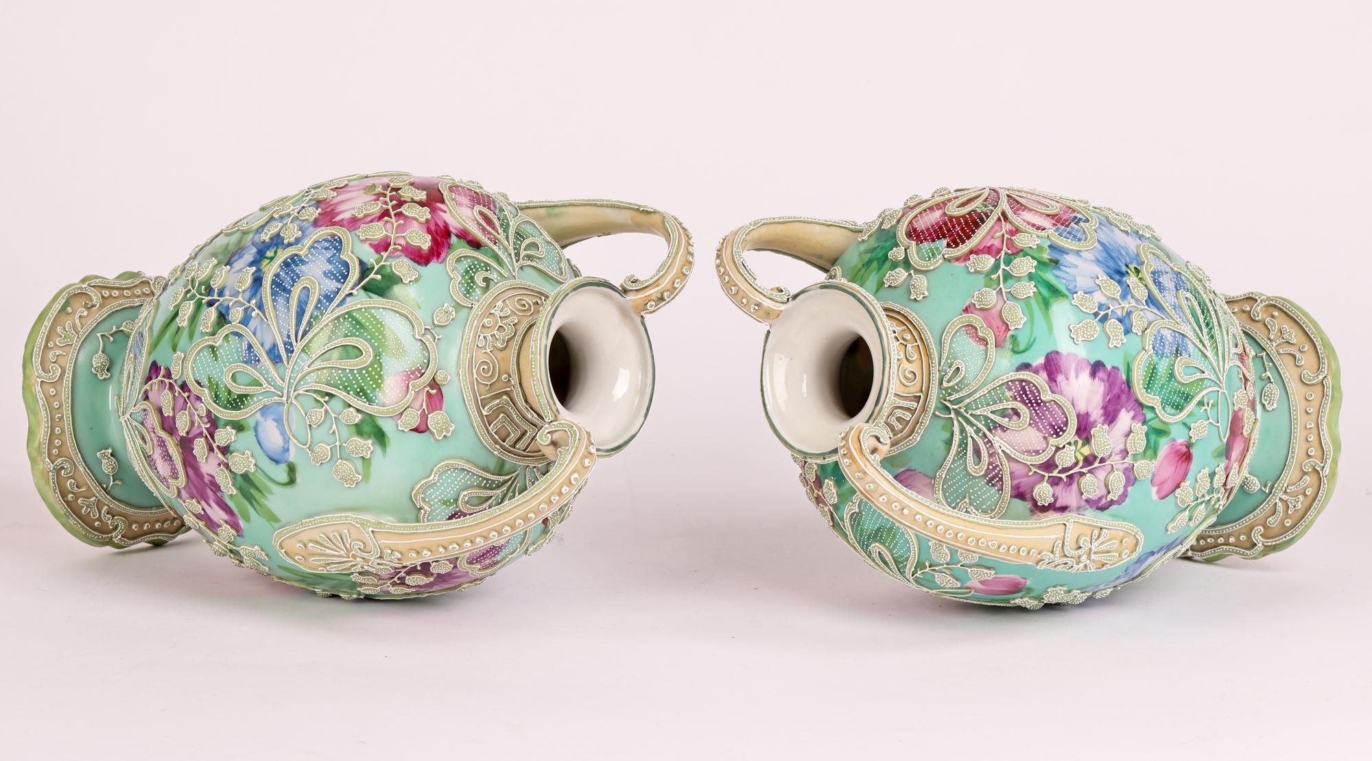 Early 20th Century Japanese Pair Meiji Twin Handled Moriage Floral Painted Vases For Sale