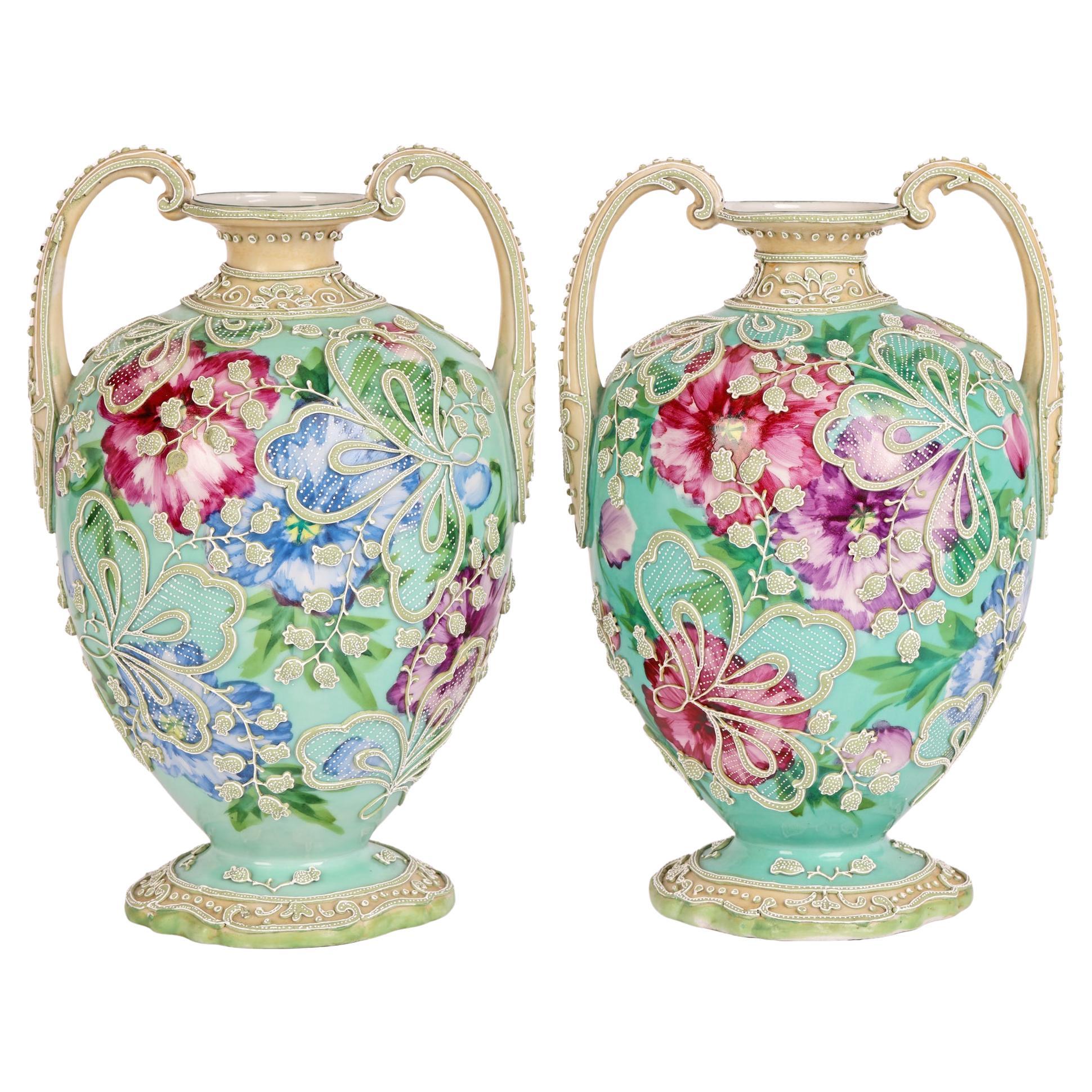 Japanese Pair Meiji Twin Handled Moriage Floral Painted Vases For Sale