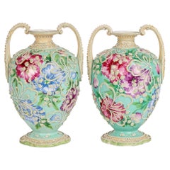 Japanese Pair Meiji Twin Handled Moriage Floral Painted Vases