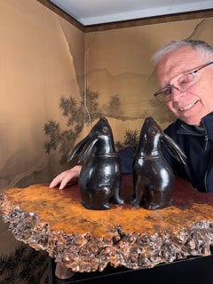 Japanese  Pair Nieman Marcus Labeled Bronze "Moon Gazing" Rabbits, Hard to Find