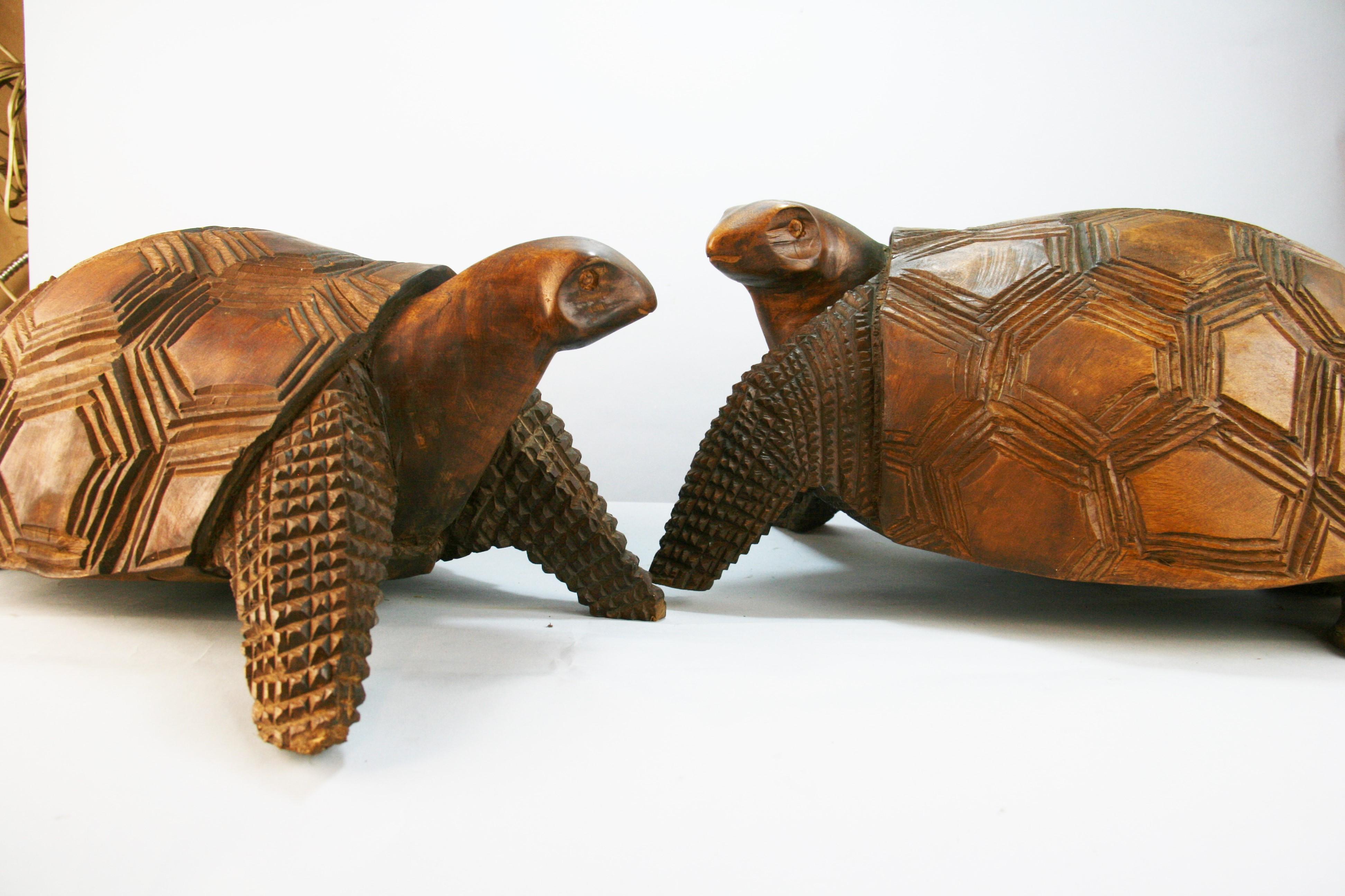 Japanese Pair of Life Size Carved Wood Sea Turtles For Sale 4