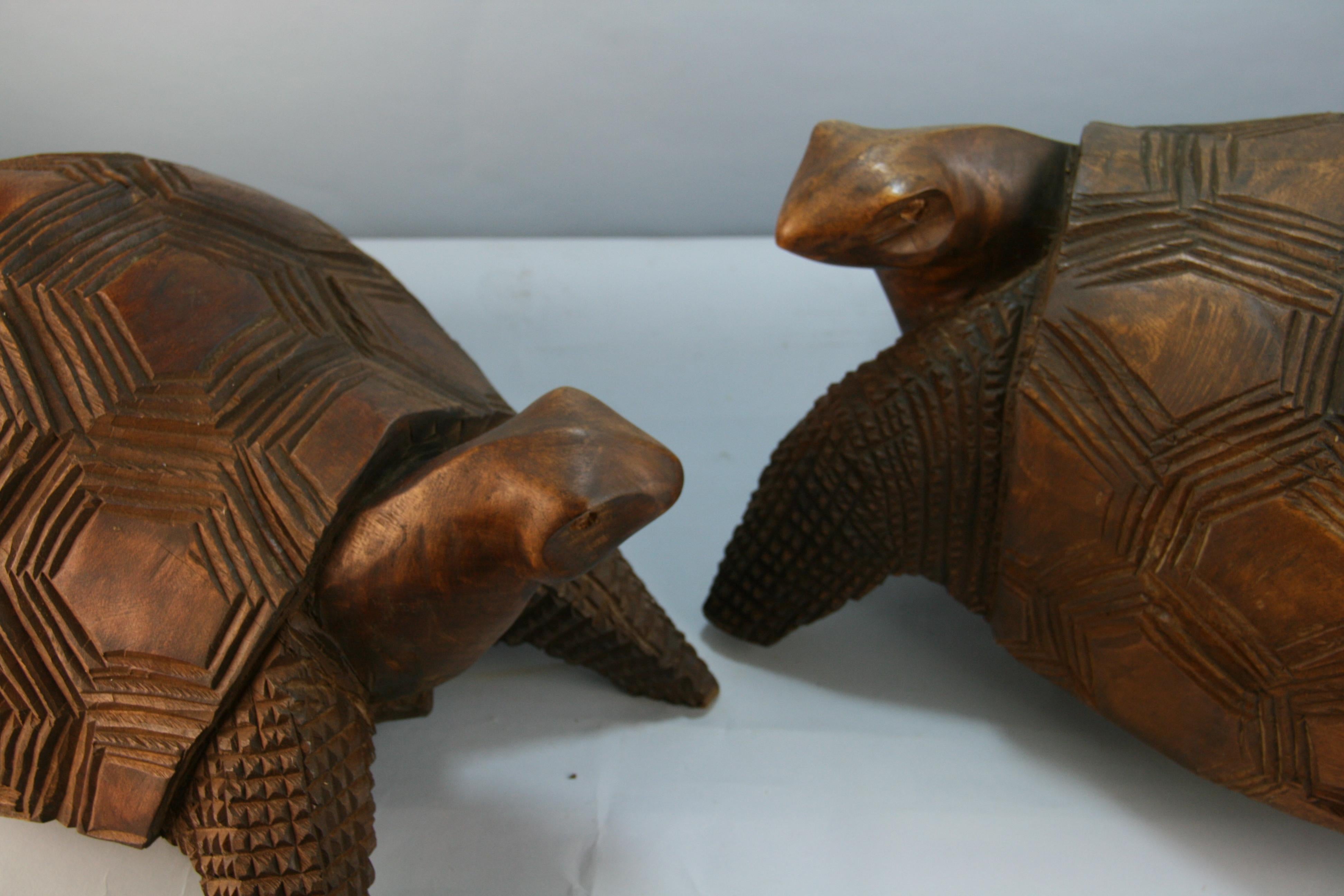Hand-Carved Japanese Pair of Life Size Carved Wood Sea Turtles For Sale