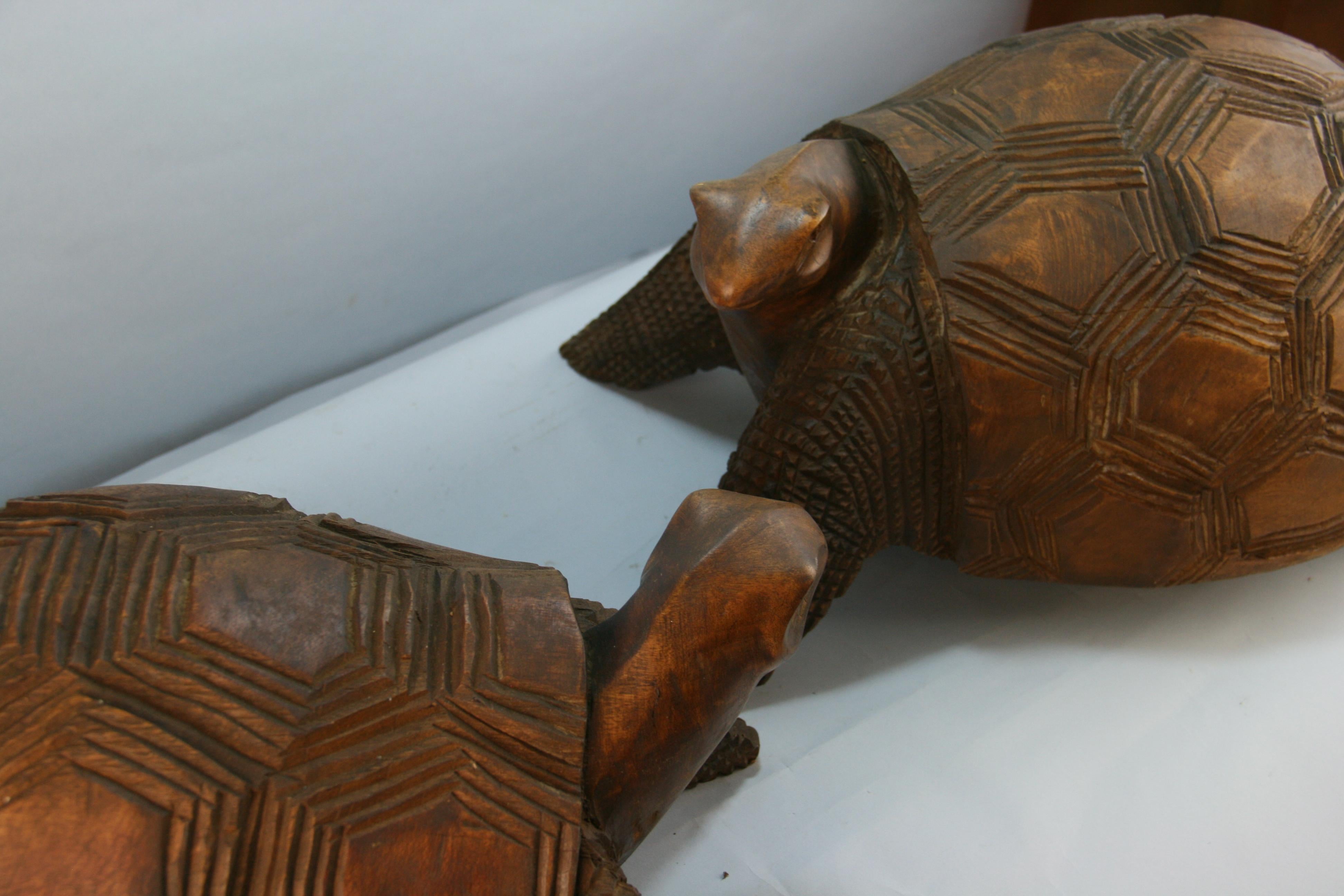 Hardwood Japanese Pair of Life Size Carved Wood Sea Turtles For Sale