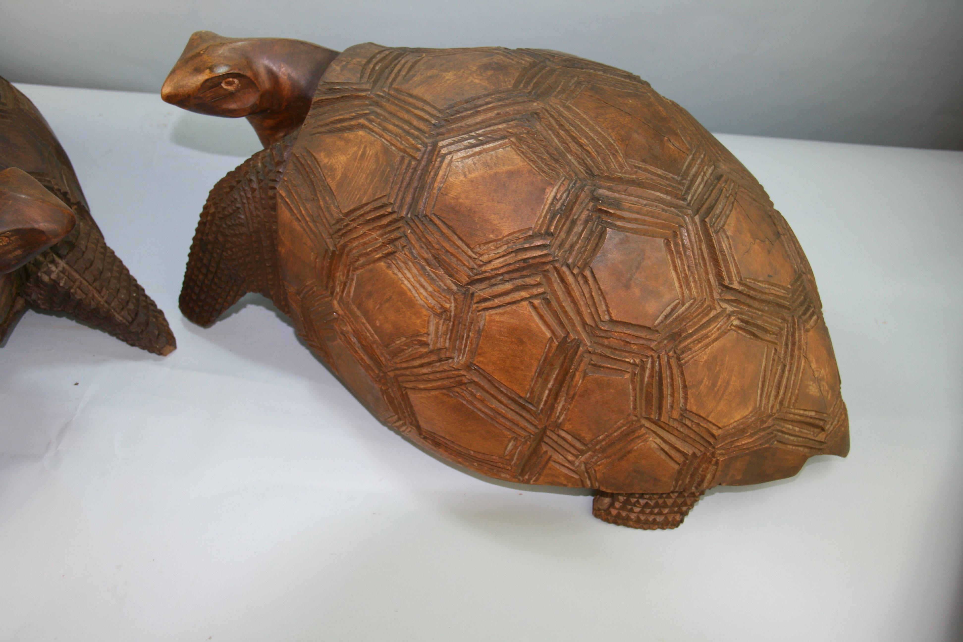 Japanese Pair of Life Size Carved Wood Sea Turtles For Sale 1