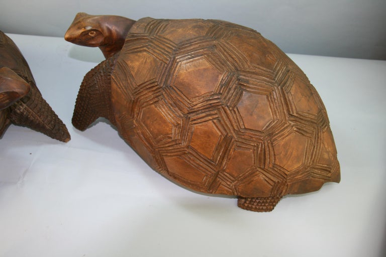 Japanese Pair of Life Size Carved Wood Turtles For Sale 1