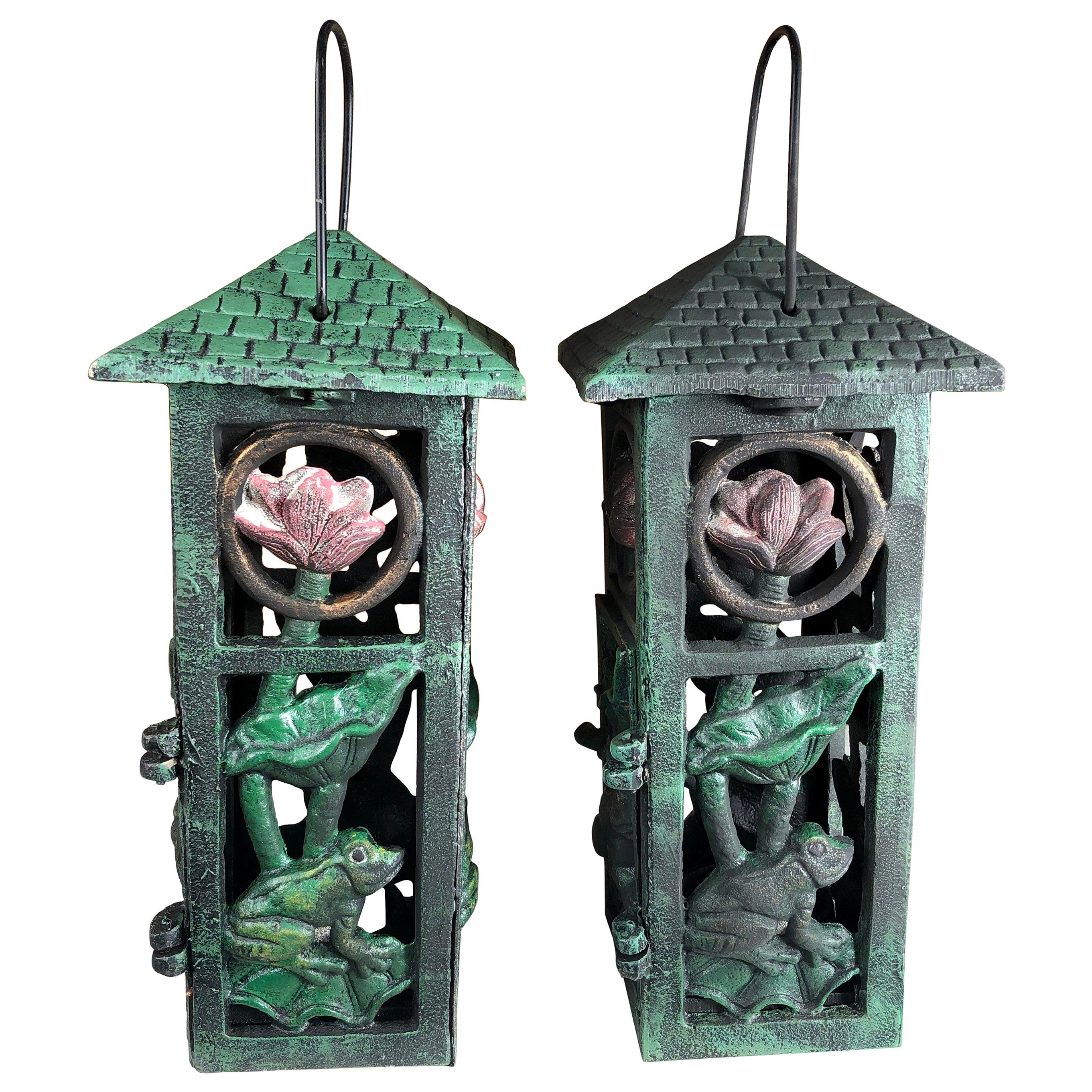 Japanese Pair of "Lotus & Frog" Garden Lanterns