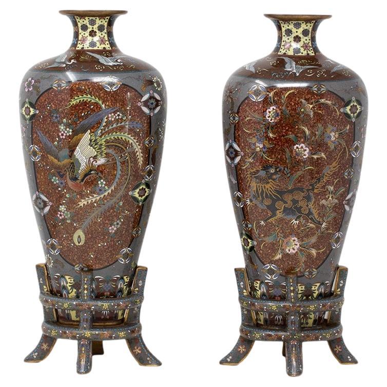 Japanese Pair of Meiji Period Cloisonne Enamel Vases on Rare Cloisonne Stands