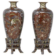 Japanese Pair of Meiji Period Cloisonne Enamel Vases on Rare Cloisonne Stands