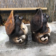 Japanese Pair of Smiling Hero Tanukis Handmade Glazed Big Belly Sculptures
