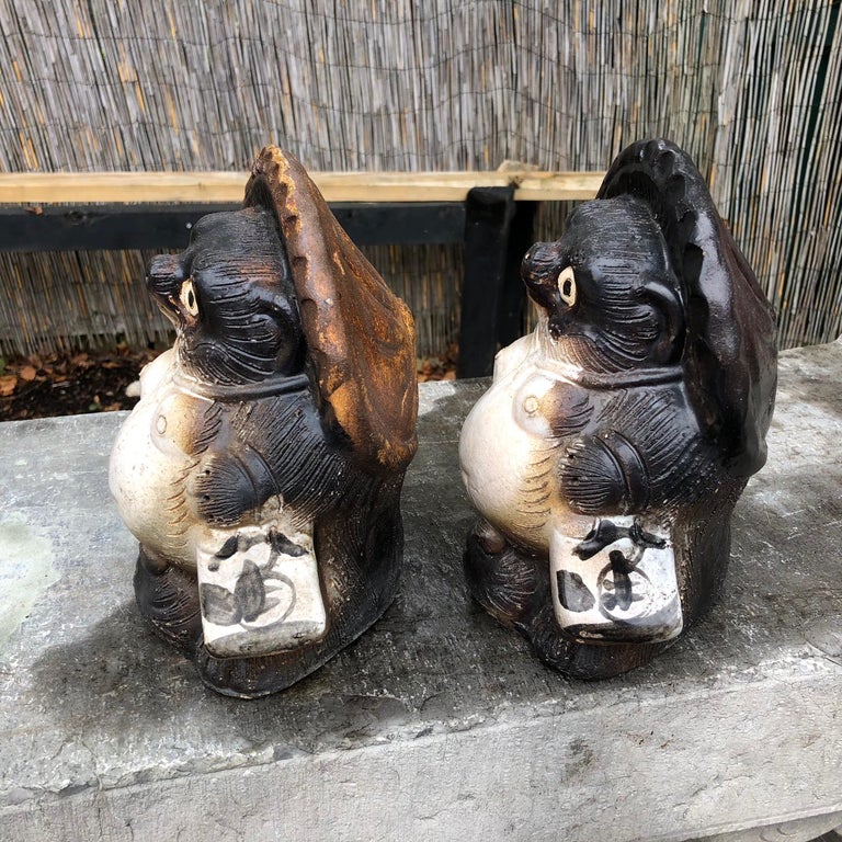 Hand-Crafted Japanese Pair of Smiling Hero Tanukis Handmade Glazed Big Belly Sculptures For Sale
