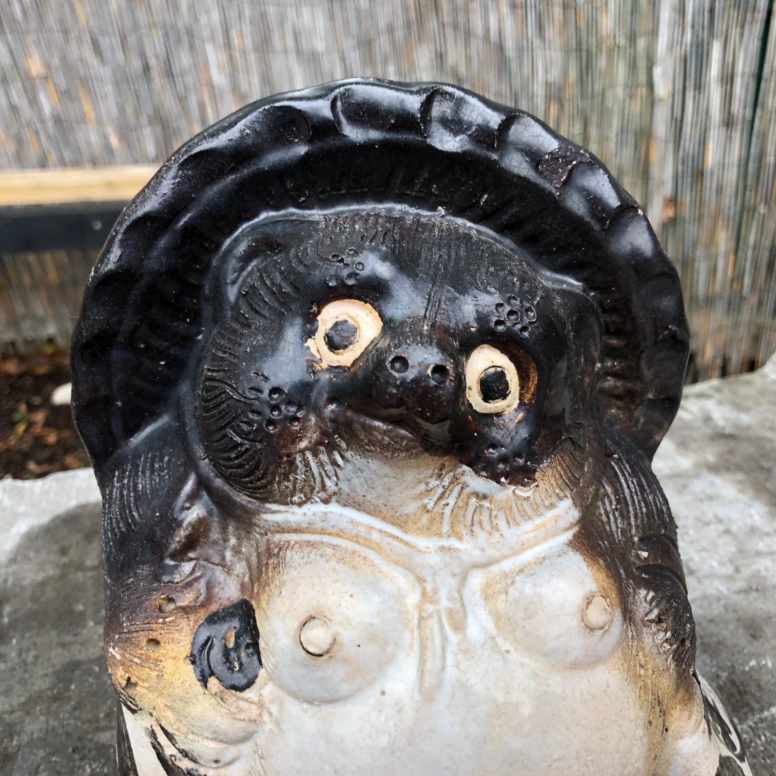 Japanese Pair of Smiling Hero Tanukis Handmade Glazed Big Belly Sculptures In Good Condition In South Burlington, VT