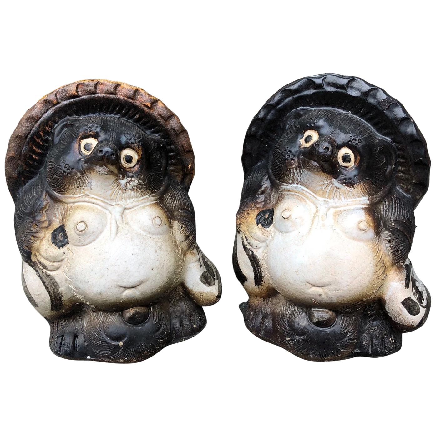 Japanese Pair of Smiling Hero Tanukis Handmade Glazed Big Belly Sculptures