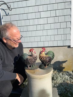 Japanese Pair Old Vintage Crowing Roosters Lighting Lanterns