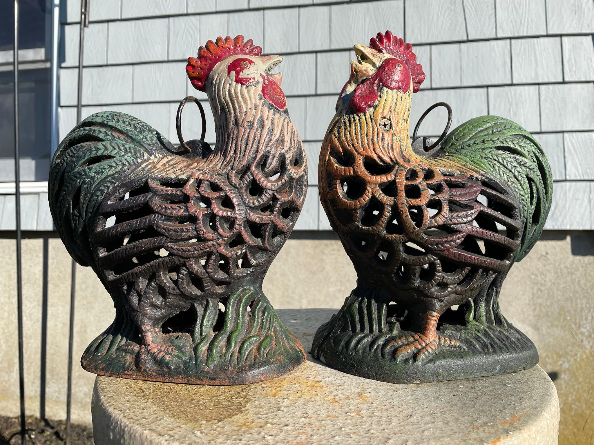 Showa Japanese Pair Old Vintage Crowing Roosters Lighting Lanterns