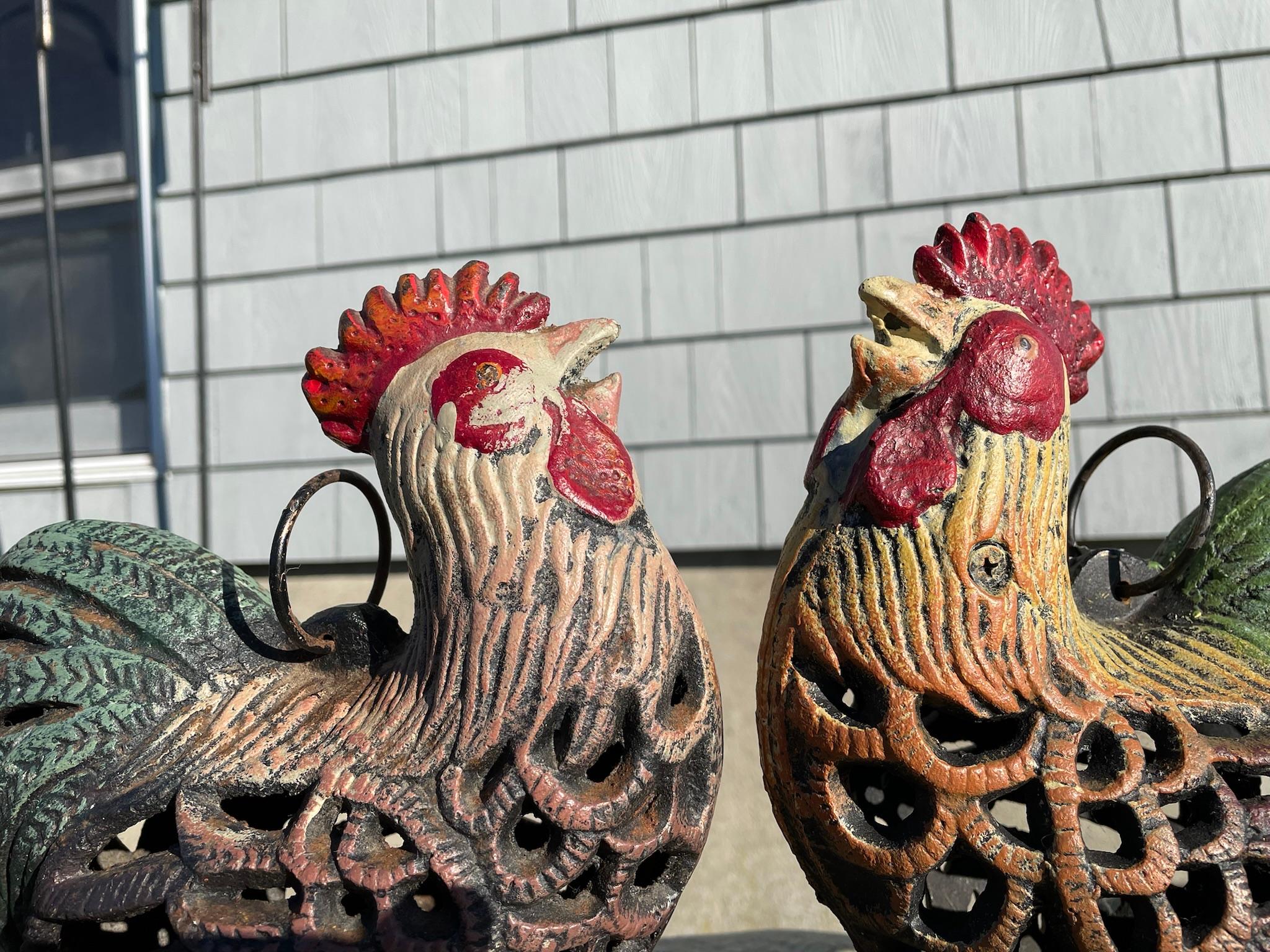 Japanese Pair Old Vintage Crowing Roosters Lighting Lanterns 3