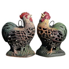 Japanese Pair Old Vintage Crowing Roosters Lighting Lanterns