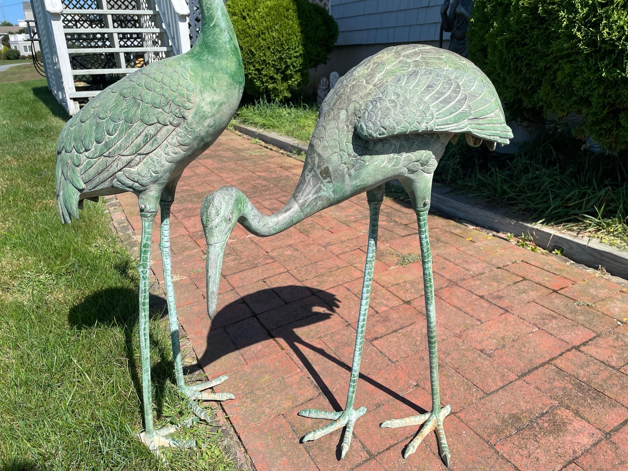 Japanese Pair Old Bronze Hand Cast Garden Cranes 4