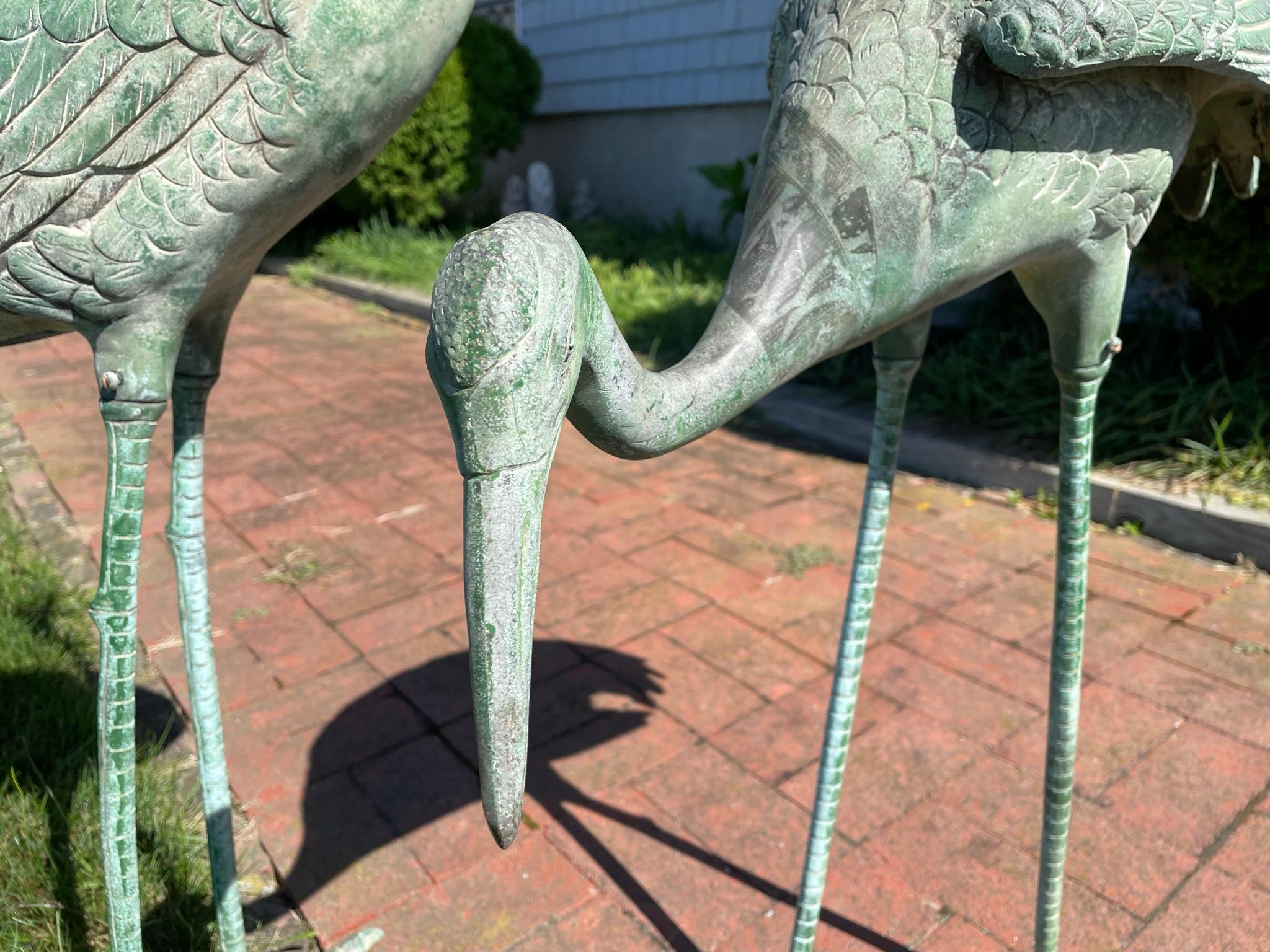 Japanese Pair Old Bronze Hand Cast Garden Cranes 5