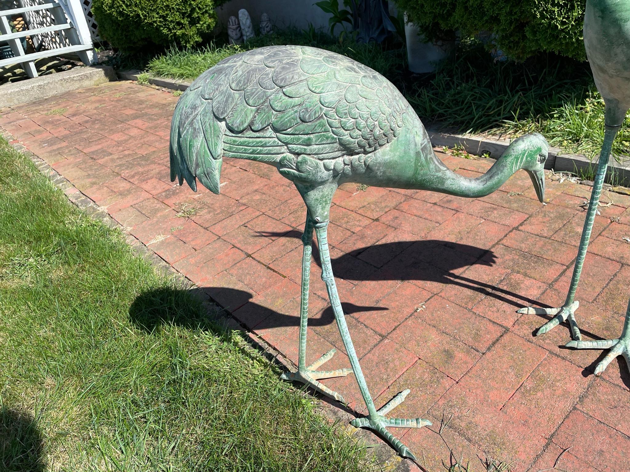Japanese Pair Old Bronze Hand Cast Garden Cranes 10