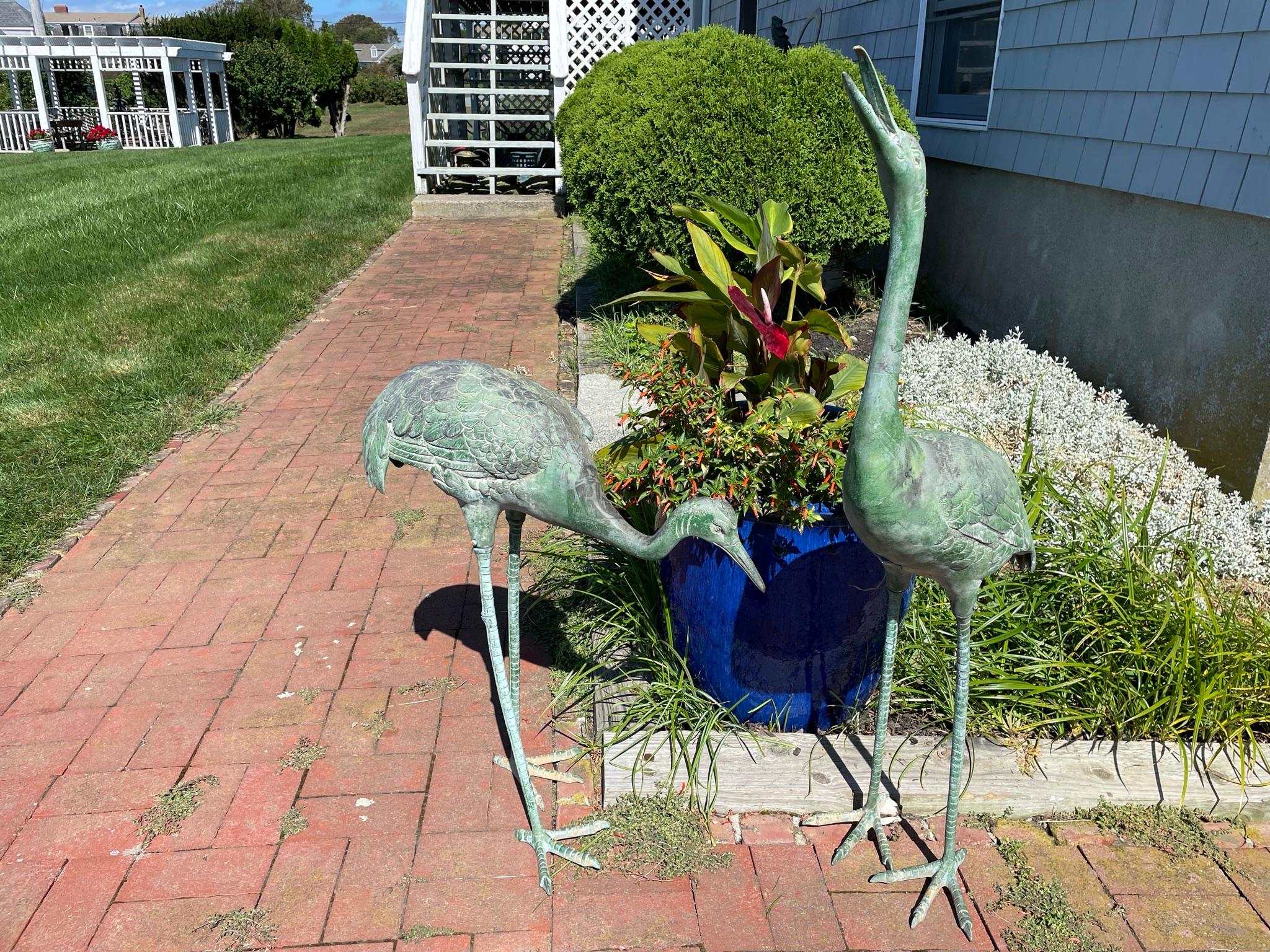 Hand-Crafted Japanese Pair Old Bronze Hand Cast Garden Cranes