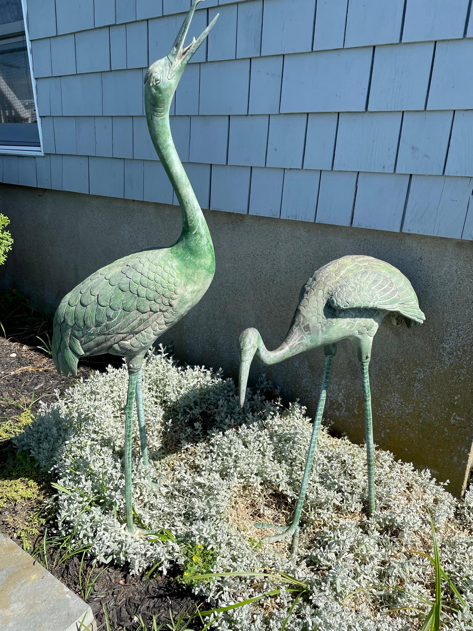 Japanese Pair Old Bronze Hand Cast Garden Cranes In Good Condition In South Burlington, VT