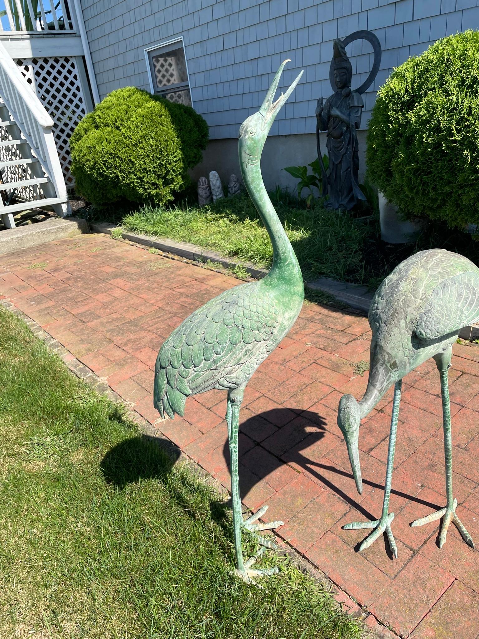 20th Century Japanese Pair Old Bronze Hand Cast Garden Cranes