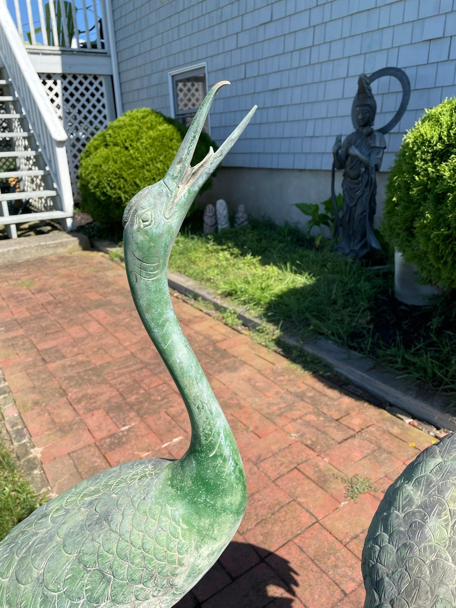 Japanese Pair Old Bronze Hand Cast Garden Cranes 1